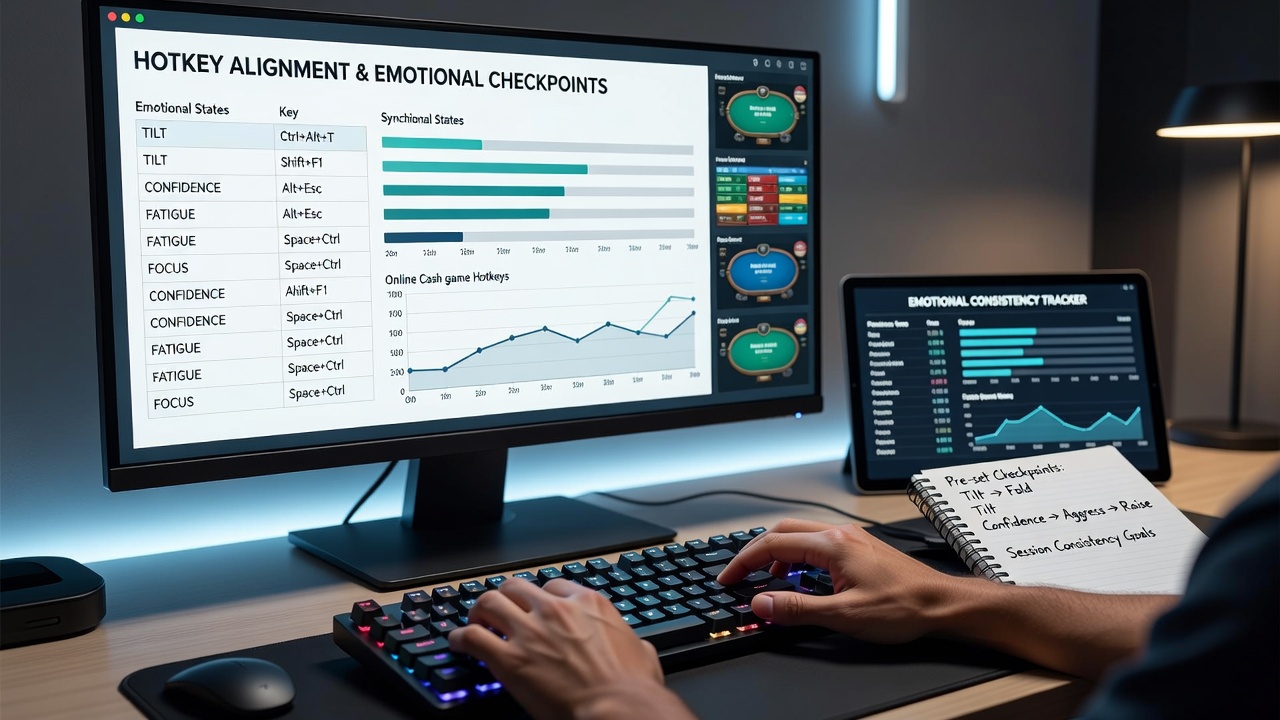 Poker software interface showing hotkey setup aligned with emotional checkpoint prompts during cash game play