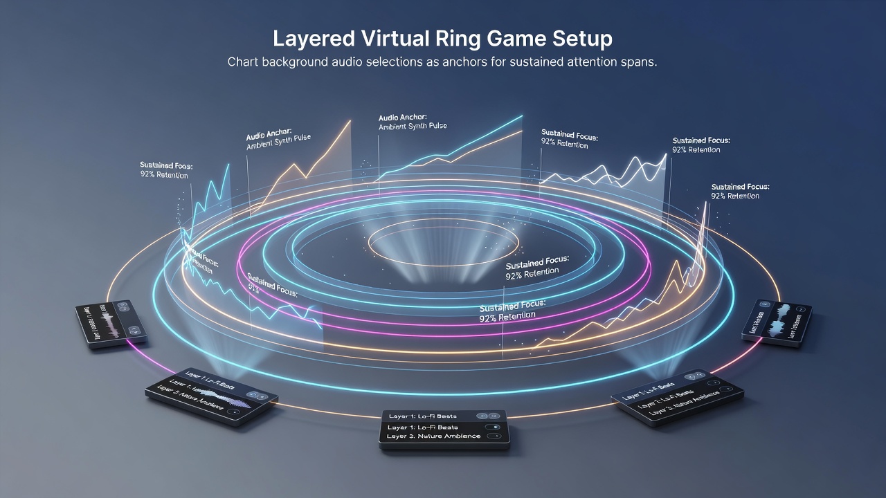 Diagram showing audio selection layers mapped against attention metrics in multi-table virtual ring game interfaces