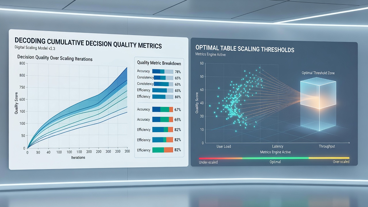 Heatmap illustrating decision accuracy across multiple tables with color-coded quality thresholds
