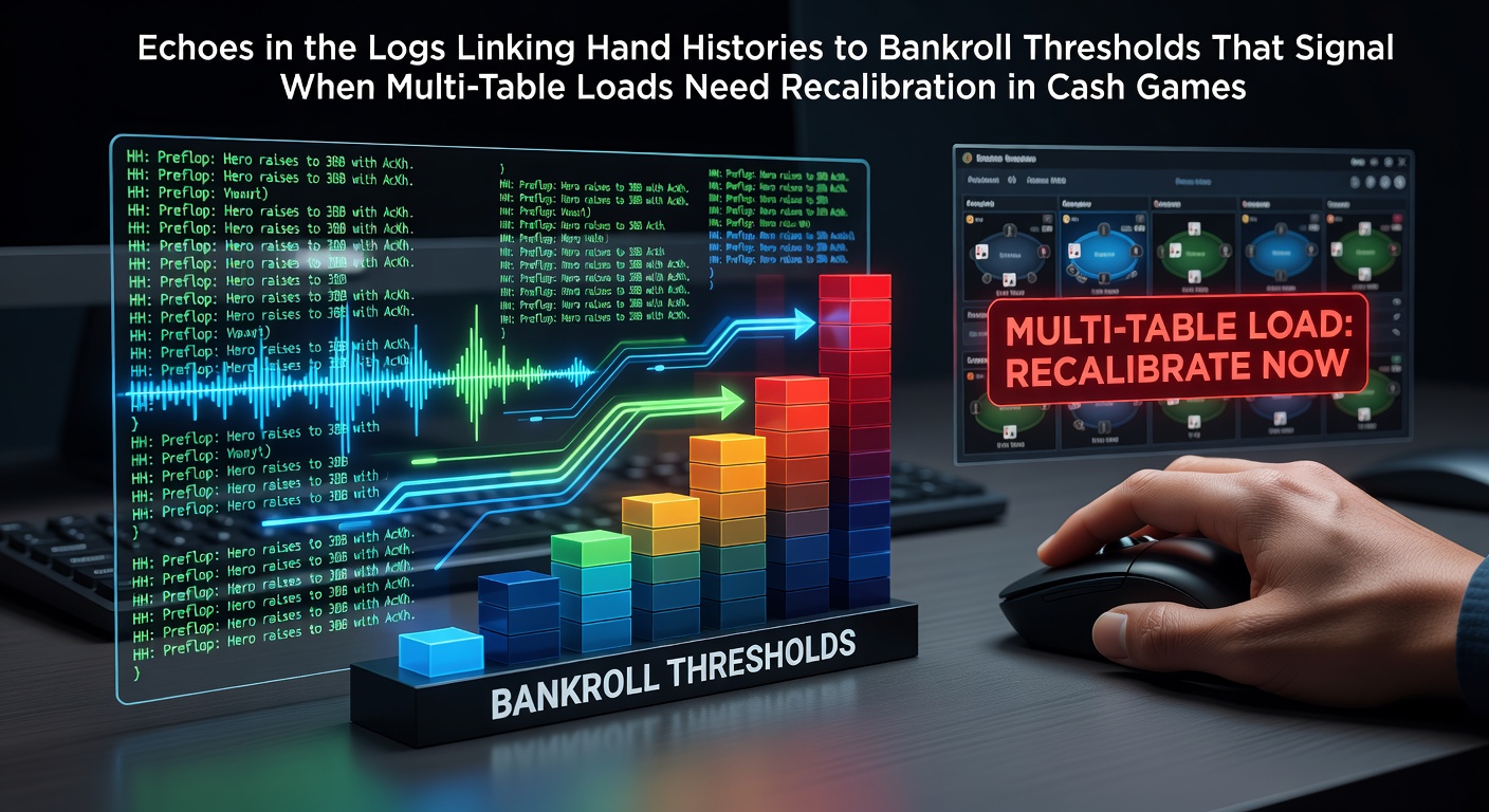 Poker player reviewing detailed hand history logs on a multi-monitor setup during an online cash game session