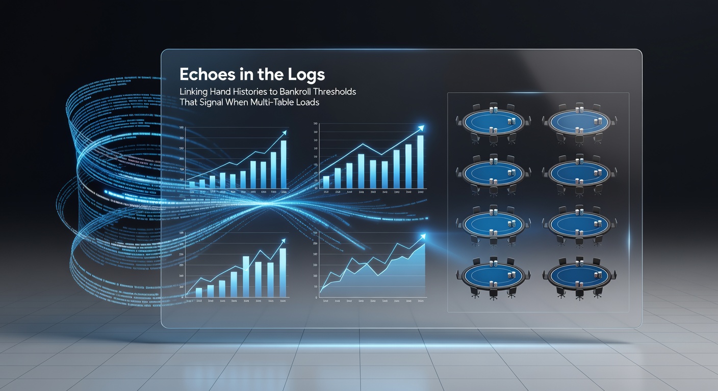 Close-up of poker tracking software displaying bankroll trends and hand history statistics for multi-table cash games