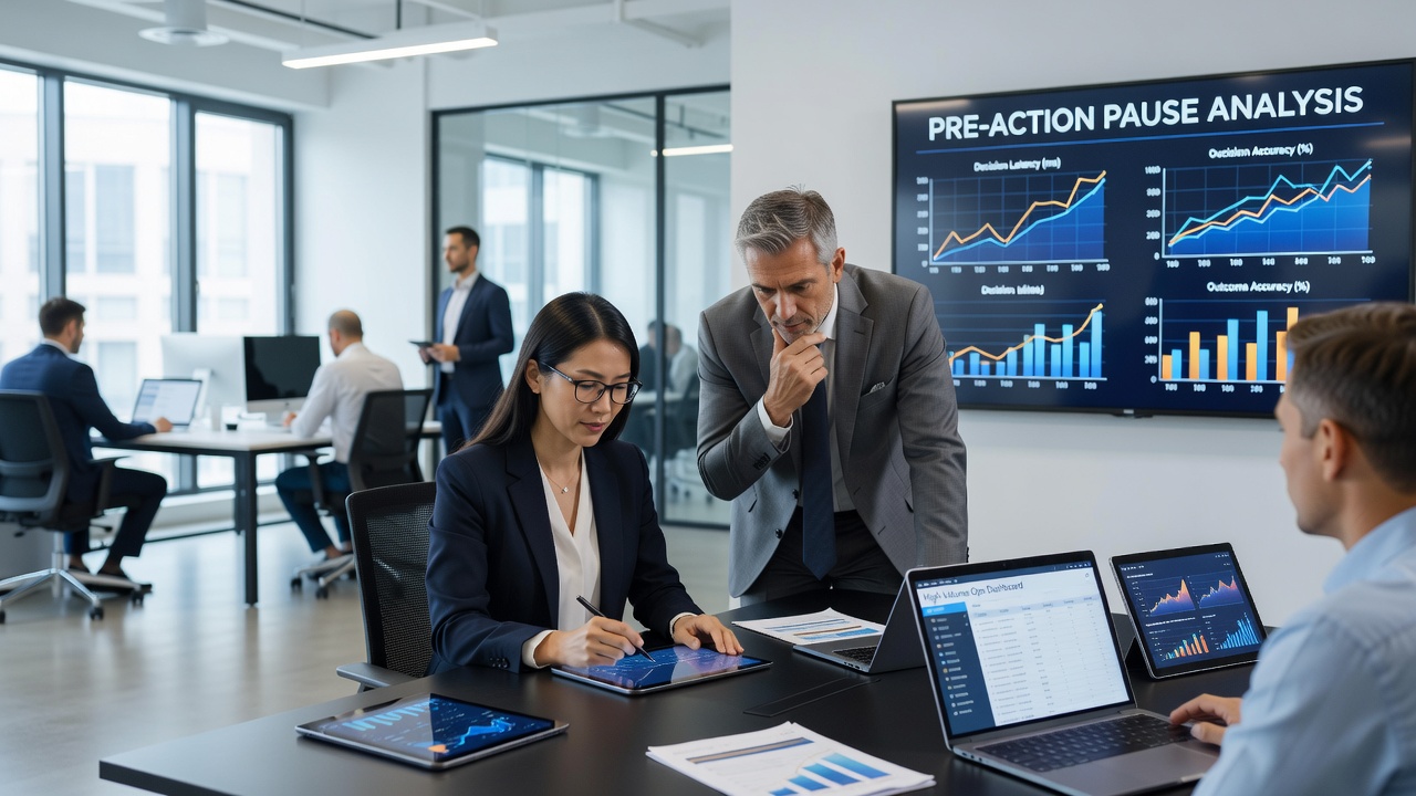 Scatter plot illustrating the relationship between pre-action pause lengths and post-hand expected value deviations across multi-table cash game data
