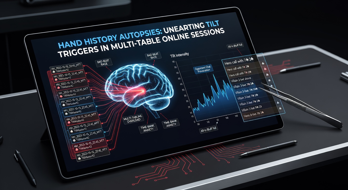 Screenshot of a poker hand history review interface showing multiple tables and key hands highlighted in red for tilt indicators