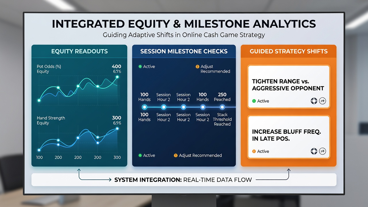Poker player reviewing equity readouts and session milestone data on dual monitors during an online cash game session