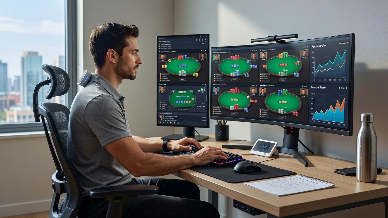 Ergonomic setup for multi-table online poker with proper chair and desk alignment supporting sustained attention during extended sessions