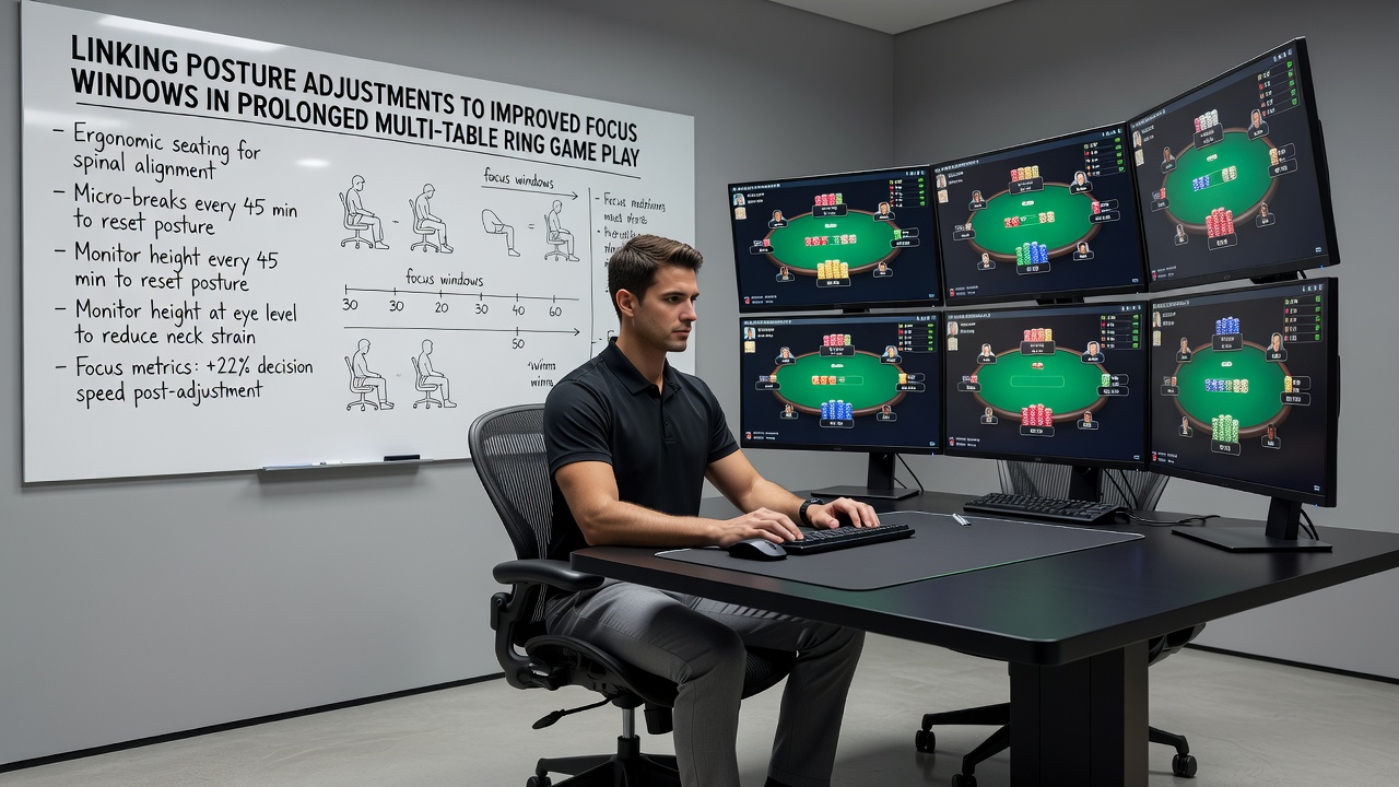 Player demonstrating mid-session posture realignment techniques during multi-table ring game play to sustain concentration levels