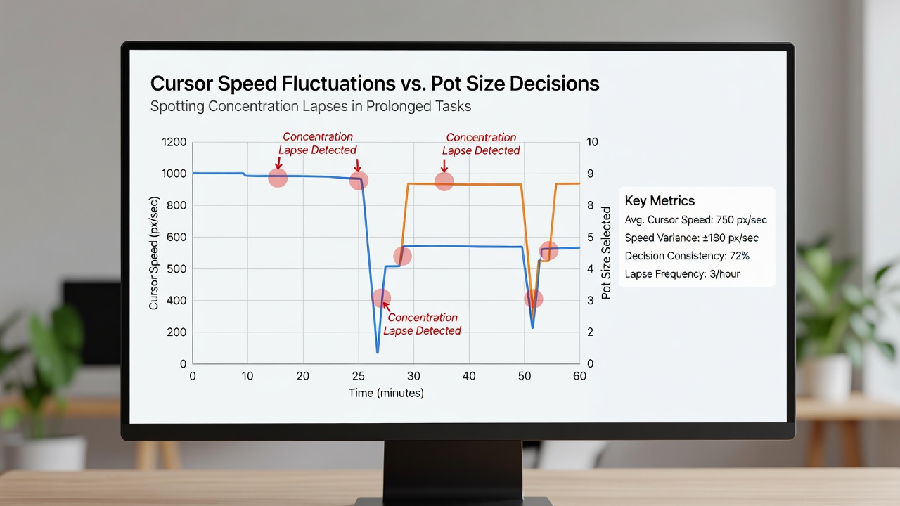 Graph visualization showing cursor speed plotted against pot size decisions across a multi-hour online cash game session with highlighted concentration lapse zones
