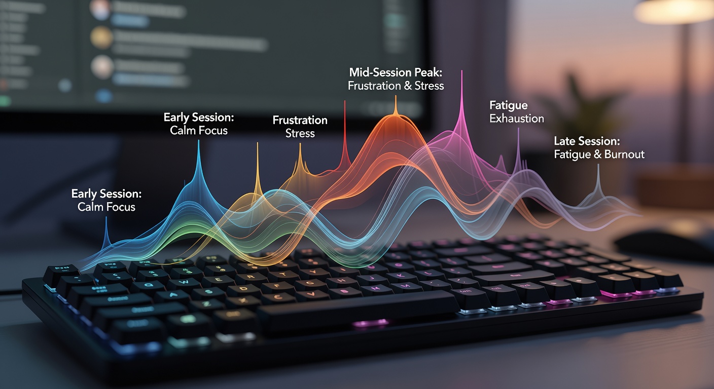 Keyboard pressure sensors integrated with session monitoring software displaying real-time force variation graphs during extended digital interactions