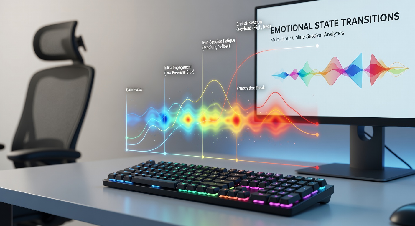Detailed visualization of force distribution across keyboard keys correlated with emotional state indicators over a six-hour session timeline