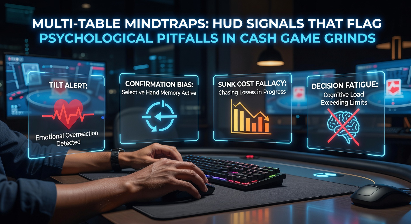 Multi-table poker HUD overlay displaying key stats like VPIP, PFR, and aggression factor during a cash game session, with red flags highlighting potential psychological pitfalls