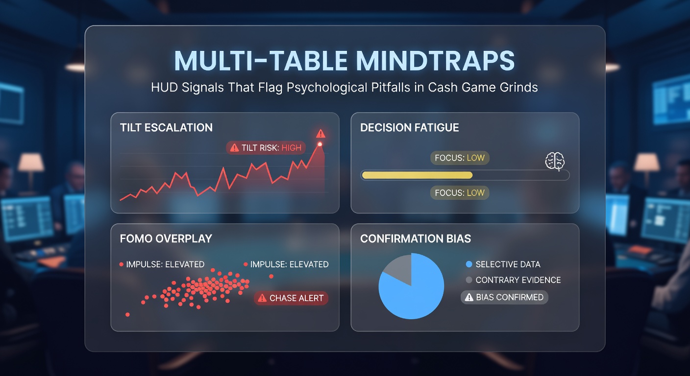 Close-up of a poker HUD stat popup during a multi-table cash grind, emphasizing aggression factor and fold percentages as indicators of psychological strain