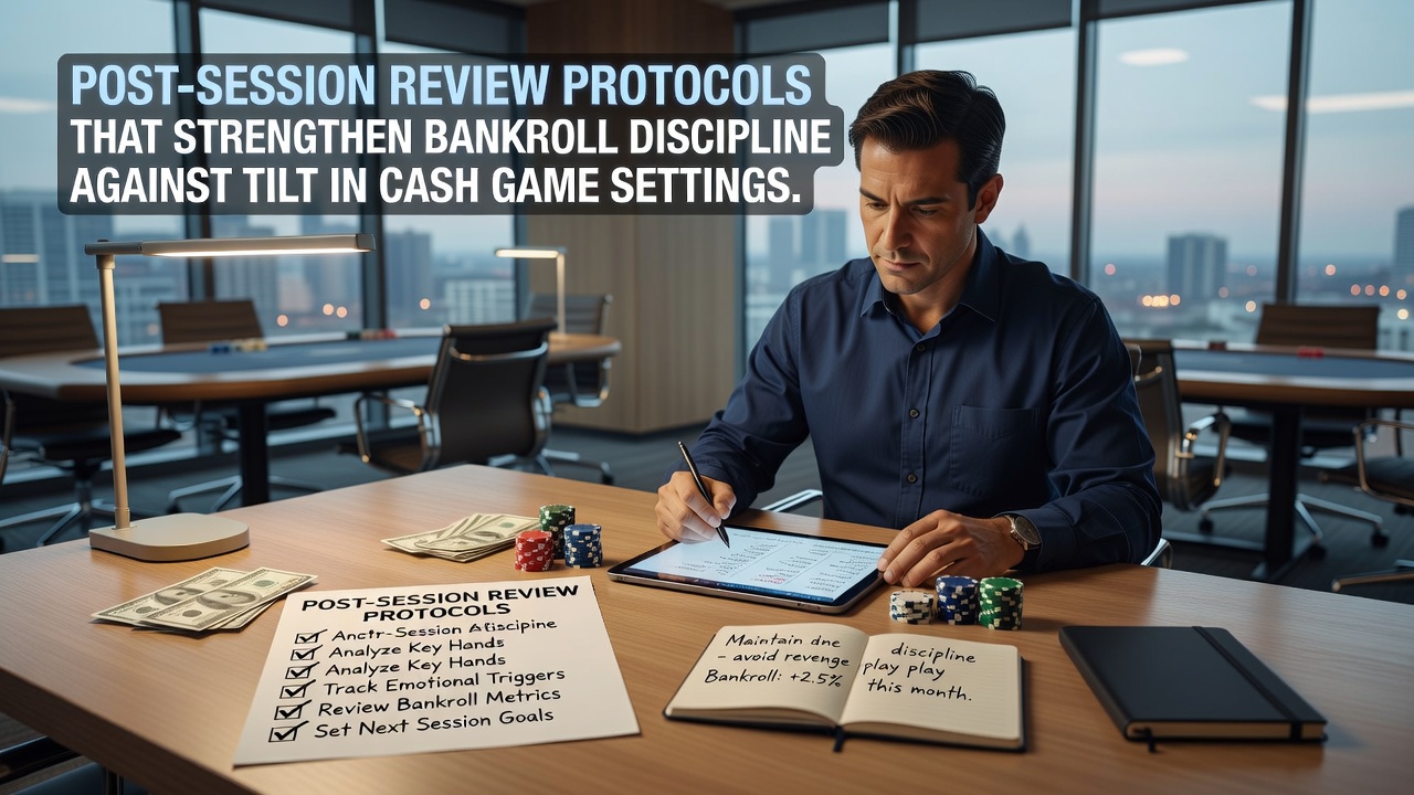 Poker player reviewing session notes at a desk with cash game records spread out