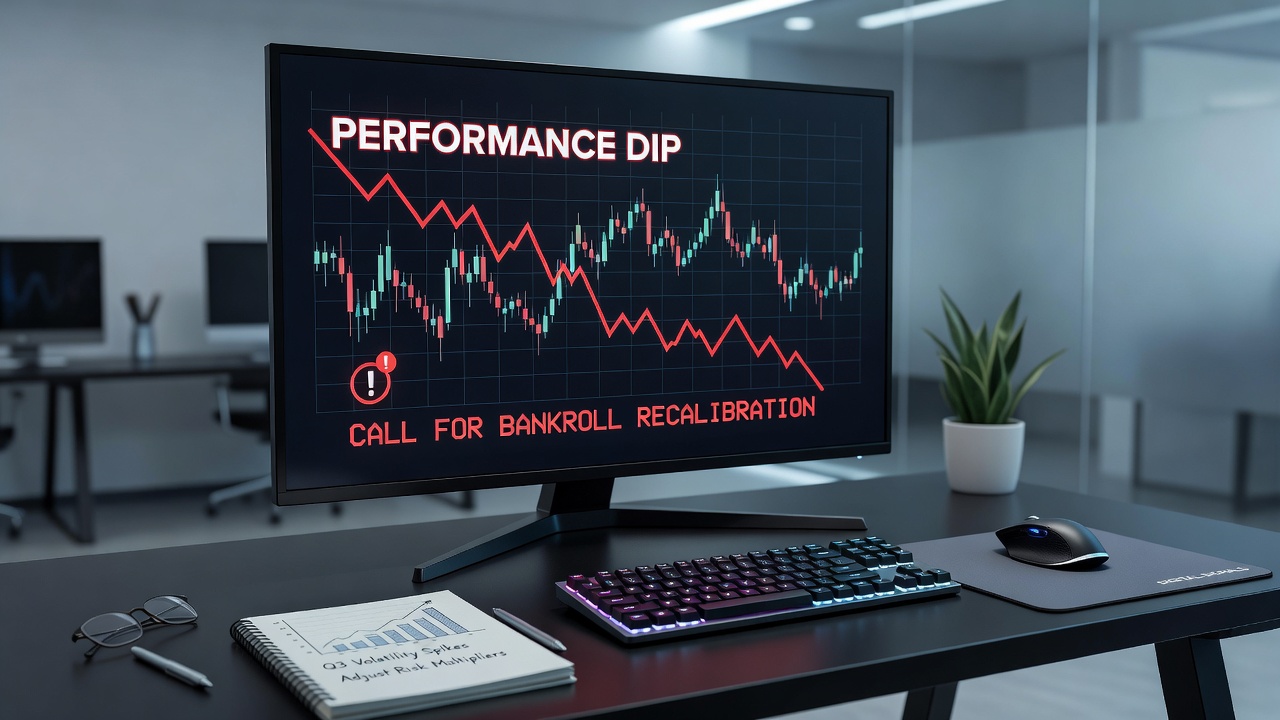 Close-up view of poker tracking software highlighting a performance dip trend line alongside bankroll allocation charts