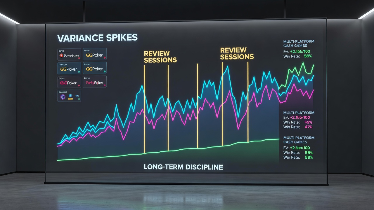 Poker player reviewing session data on multiple screens during a cash game break