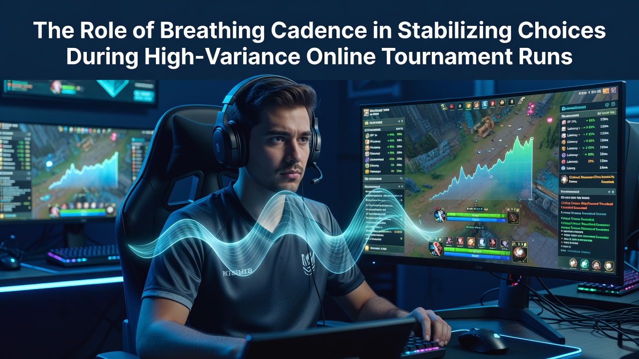 Poker player at a computer setup practicing controlled breathing during an online tournament session