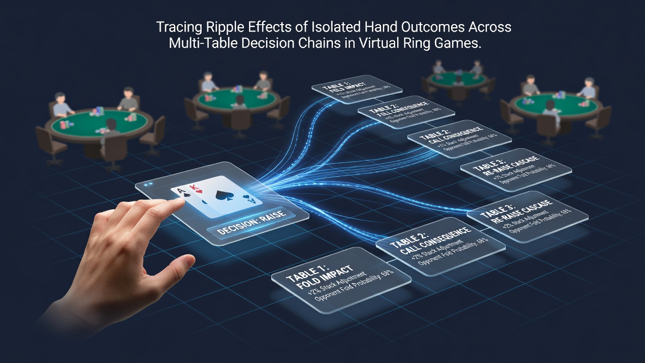 Diagram showing decision chains across multiple virtual poker tables with highlighted outcome ripples