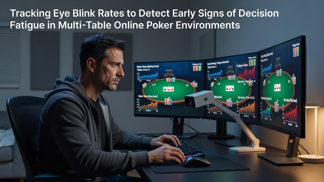 Eye tracking setup showing webcam positioned above a multi-monitor poker workstation with real-time blink rate overlay